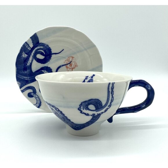 Anthropologie Nautical FROM THE DEEP Octopus Oversized Cup & Saucer Set 12 oz - Picture 2 of 8
